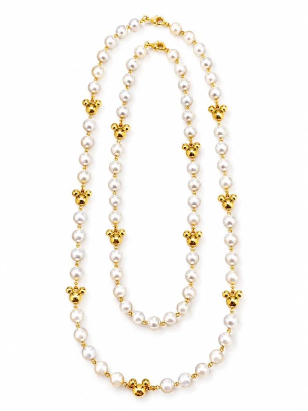 Vintage Napier Disney Mickey Mouse Faux Pearl Gold Tone Necklace Set 11.5” 14.5”